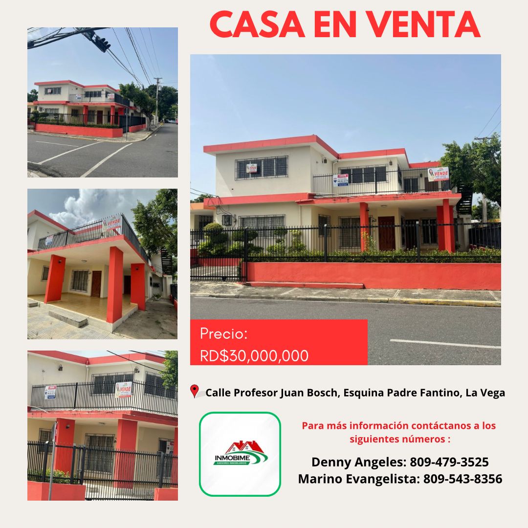 CASA EN VENTA DE DOS NIVELES CENTRO DE LA CIUDAD DE LA VEGA. A UNA ESQUINA DEL CENTRO MÉDICOuna PADRE FANTINO. CONSTA DE 446.57m2 DE TERRENO Y 457m2 DE CONSTRUCCIÓN. PRECIO $30mm.