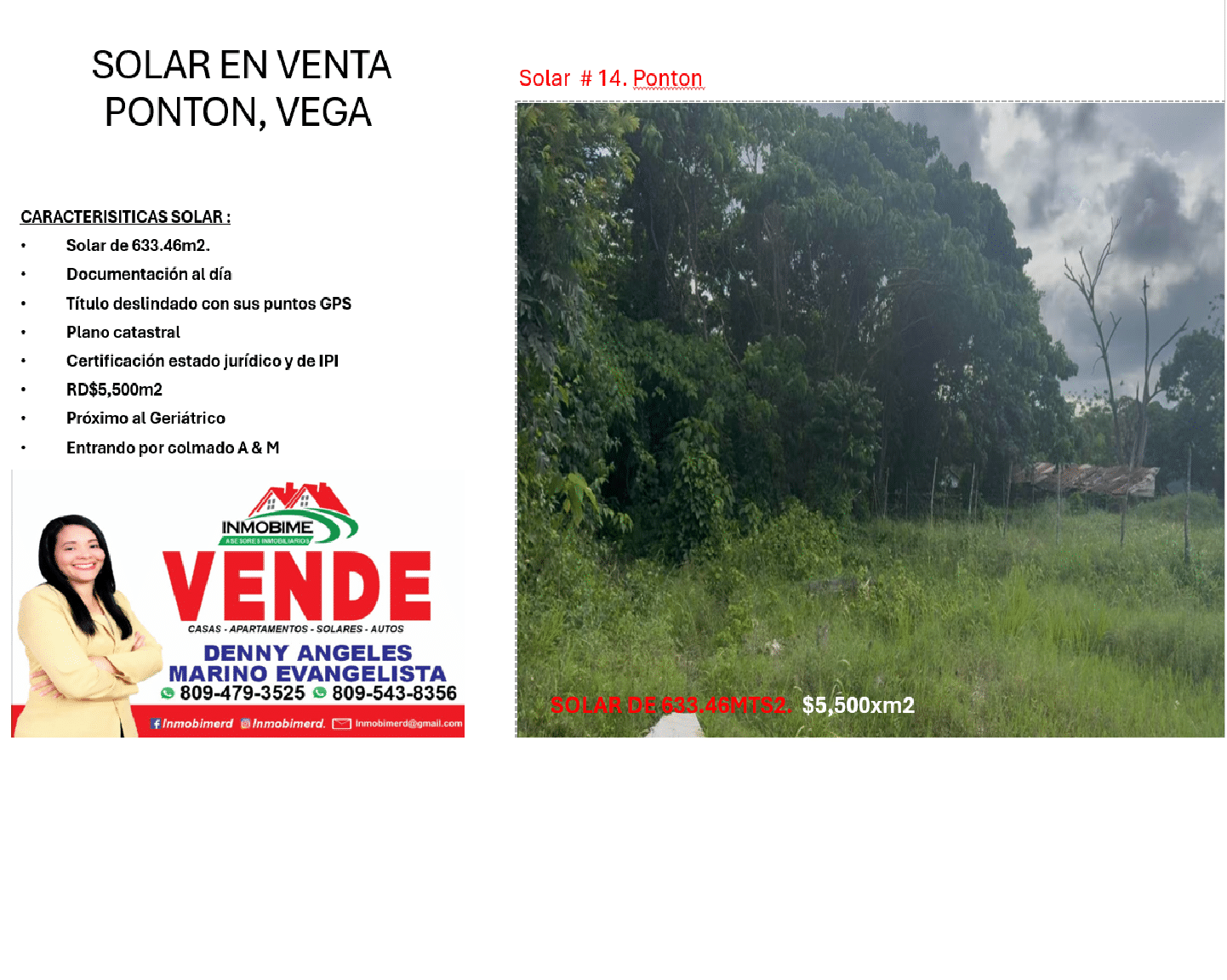 Solar de 633.46m2. MM- Documentación al día Título deslindado con sus puntos GPS Plano catastral Certificación estado jurídico y de IPI RD$5,500m2 Próximo al Geriátrico Entrando por colmado A & M