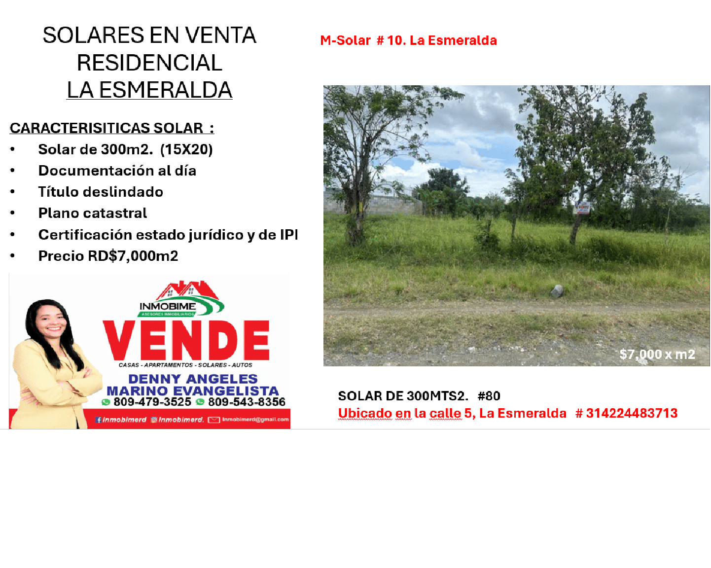 Solar de 300m2.  (15X20) Documentación al día Título deslindado Plano catastral Certificación estado jurídico y de IPI Precio RD$7,000m2