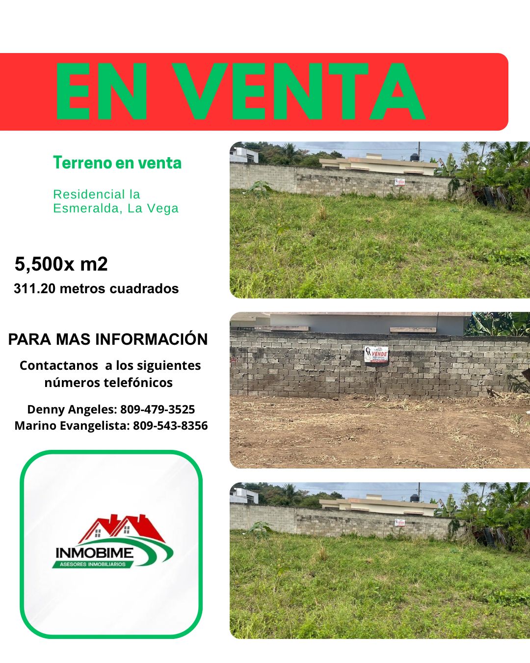 SOLAR DE 311.20. RESIDENCIAL LA ESMERALDA, LA VEGA. PRECIO $5,500 m2. TÍTULO DESLINDADO